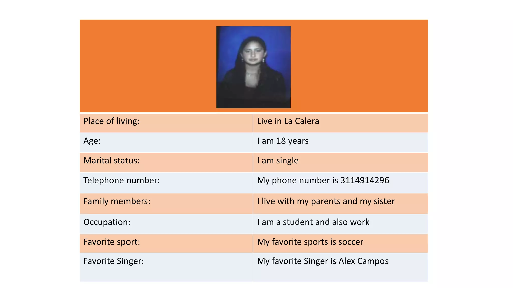 Place of living: Live in La Calera
Age: I am 18 years
Marital status: I am single
Telephone number: My phone number is 3114914296
Family members: I live with my parents and my sister
Occupation: I am a student and also work
Favorite sport: My favorite sports is soccer
Favorite Singer: My favorite Singer is Alex Campos