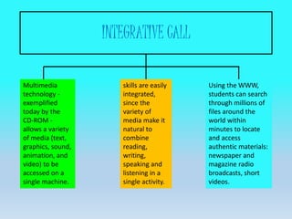 INTEGRATIVE CALL
Multimedia
technology -
exemplified
today by the
CD-ROM -
allows a variety
of media (text,
graphics, sound,
animation, and
video) to be
accessed on a
single machine.
skills are easily
integrated,
since the
variety of
media make it
natural to
combine
reading,
writing,
speaking and
listening in a
single activity.
Using the WWW,
students can search
through millions of
files around the
world within
minutes to locate
and access
authentic materials:
newspaper and
magazine radio
broadcasts, short
videos.
 