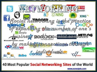 • Social networking is the practice
of expanding the number of one's
business and/or social contacts
by making connections through
individuals.

 