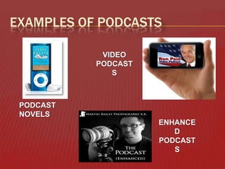 EXAMPLES OF PODCASTS
VIDEO
PODCAST
S

PODCAST
NOVELS
ENHANCE
D
PODCAST
S

 