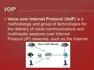VOIP


Voice over Internet Protocol (VoIP) is a
methodology and group of technologies for
the delivery of voice communications and
multimedia sessions over Internet
Protocol (IP) networks, such as the Internet.

 