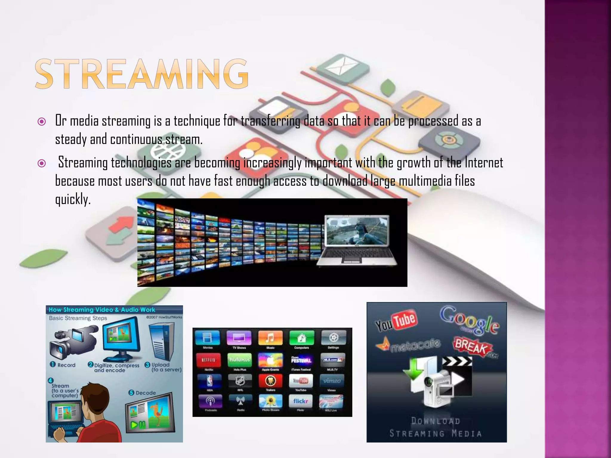 

Or media streaming is a technique for transferring data so that it can be processed as a
steady and continuous stream.



Streaming technologies are becoming increasingly important with the growth of the Internet
because most users do not have fast enough access to download large multimedia files
quickly.

 