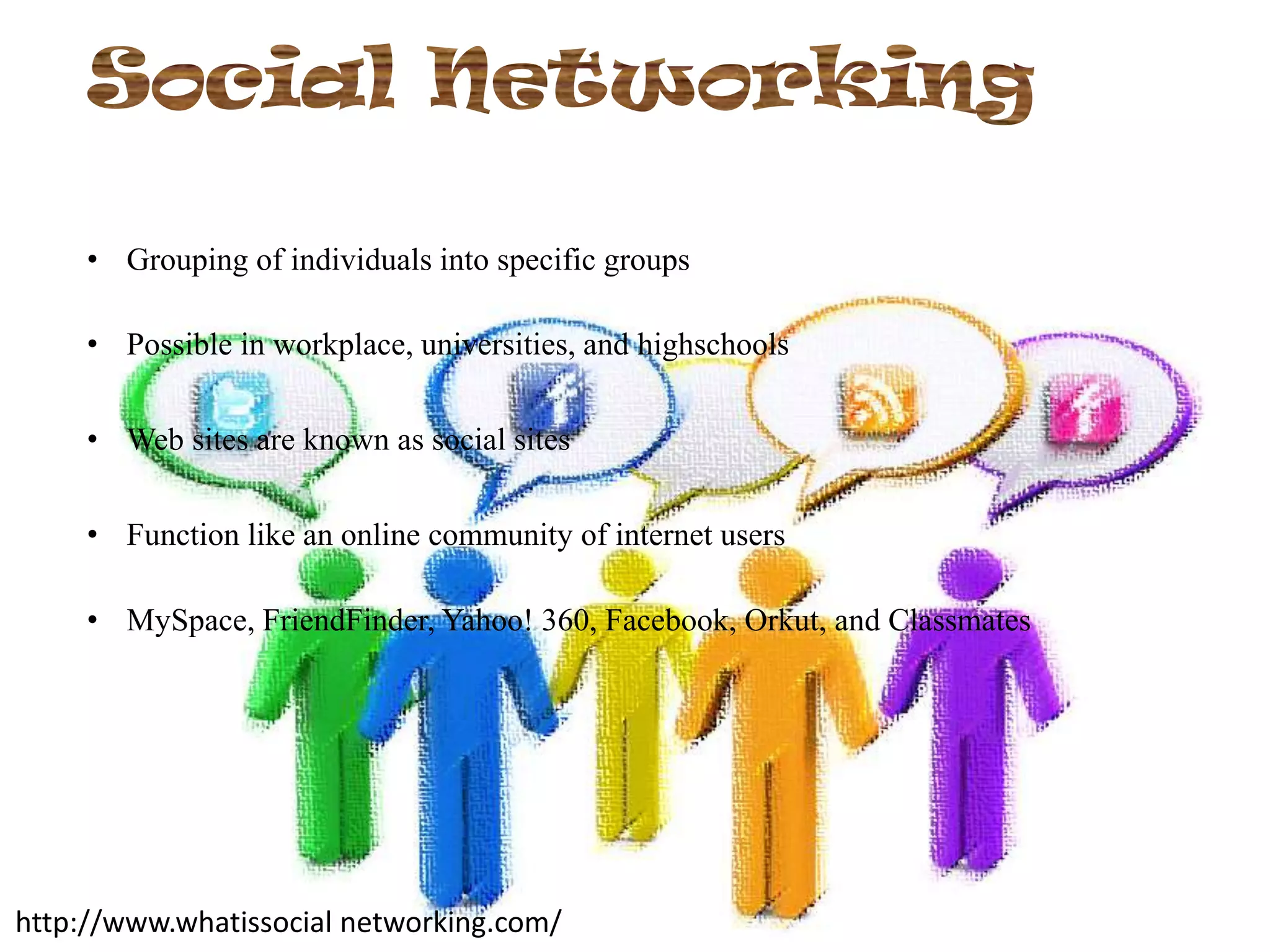 • Grouping of individuals into specific groups
• Possible in workplace, universities, and highschools
• Web sites are known as social sites
• Function like an online community of internet users
• MySpace, FriendFinder, Yahoo! 360, Facebook, Orkut, and Classmates

http://www.whatissocial networking.com/

 