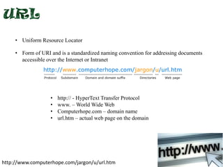 • Uniform Resource Locator
• Form of URI and is a standardized naming convention for addressing documents
accessible over the Internet or Intranet

•
•
•
•

http:// - HyperText Transfer Protocol
www. – World Wide Web
Computerhope.com – domain name
url.htm – actual web page on the domain

http://www.computerhope.com/jargon/u/url.htm

 