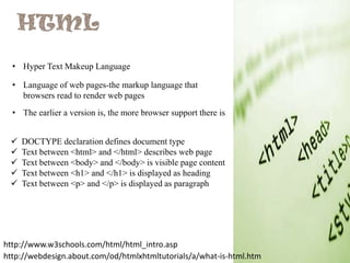 • Hyper Text Makeup Language
• Language of web pages-the markup language that
browsers read to render web pages
• The earlier a version is, the more browser support there is






DOCTYPE declaration defines document type
Text between <html> and </html> describes web page
Text between <body> and </body> is visible page content
Text between <h1> and </h1> is displayed as heading
Text between <p> and </p> is displayed as paragraph

http://www.w3schools.com/html/html_intro.asp
http://webdesign.about.com/od/htmlxhtmltutorials/a/what-is-html.htm

 