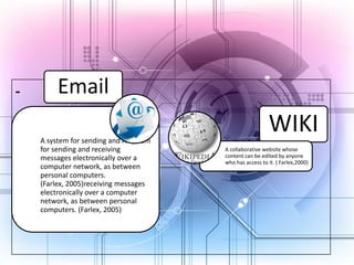 -

Email
A system for sending and A system
for sending and receiving
messages electronically over a
computer network, as between
personal computers.
(Farlex, 2005)receiving messages
electronically over a computer
network, as between personal
computers. (Farlex, 2005)

WIKI
A collaborative website whose
content can be edited by anyone
who has access to it. ( Farlex,2000)

 
