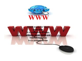 WWW
WWW stands for World
Wide Web.
It is a collection of blogs,
videoes, social media and
internet resources
It is a primary server.

 
