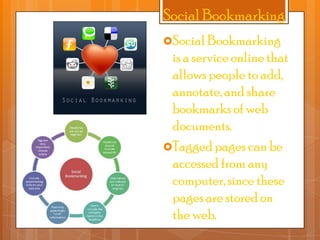 Social Bookmarking
Social Bookmarking

is a service online that
allows people to add,
annotate, and share
bookmarks of web
documents.
Tagged pages can be
accessed from any
computer, since these
pages are stored on
the web.

 