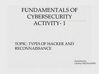 FUNDAMENTALS OF
CYBERSECURITY
ACTIVITY- 1
TOPIC: TYPES OF HACKER AND
RECONNAISSANCE
Submitted by-
Lakshay NR(21bcar0309)
 