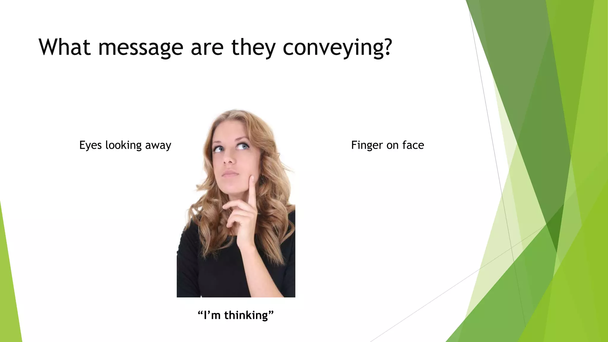 What message are they conveying?
Eyes looking away Finger on face
“I’m thinking”
 