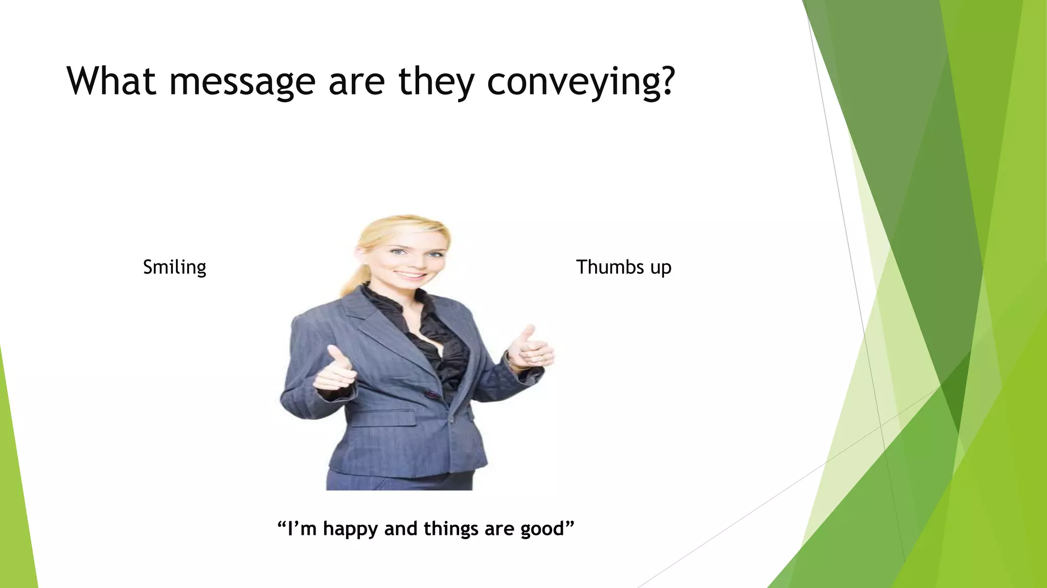 What message are they conveying?
Smiling Thumbs up
“I’m happy and things are good”
 