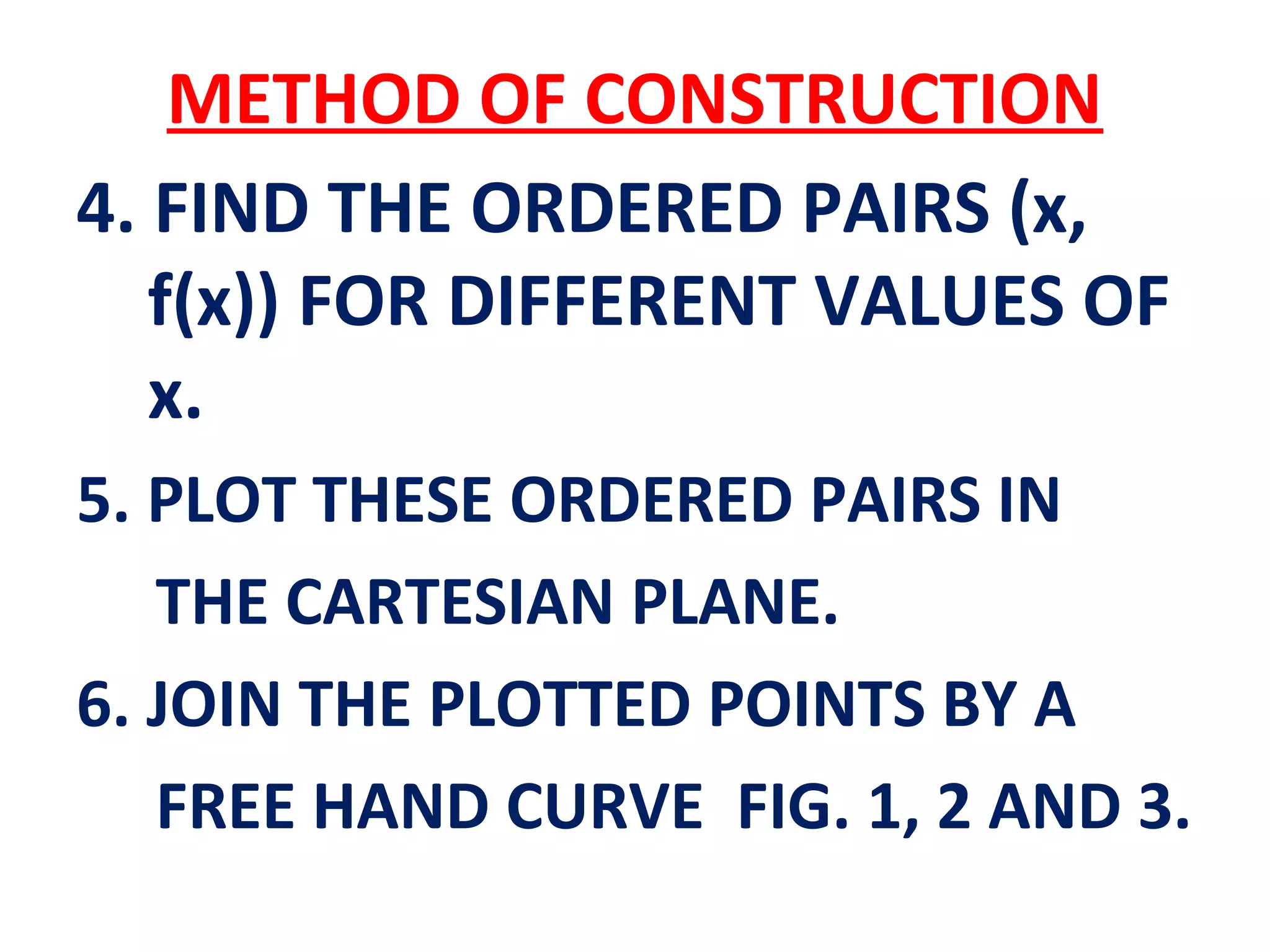 METHOD OF CONSTRUCTION
4. FIND THE ORDERED PAIRS (x,
f(x)) FOR DIFFERENT VALUES OF
x.
5. PLOT THESE ORDERED PAIRS IN
THE CARTESIAN PLANE.
6. JOIN THE PLOTTED POINTS BY A
FREE HAND CURVE FIG. 1, 2 AND 3.
 
