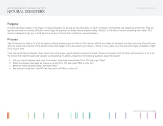 STUDENT MATERIALS
NATURAL DISASTERS
BIG HISTORY PROJECT / LESSON 10.1 ACTIVITY
Purpose
Humans have been subject to the impact of natural disasters for as long as they have been on Earth. Disasters, unfortunately, are happening all the time. They are
typically the result of a variety of factors, which begs the question, are these natural disasters really “natural,” or are they a result of something man made? This
activity is designed to get you to think about the variety of factors that contribute to natural disasters.
Process
Take 30 seconds to make a list of all the types of natural disasters you can think of. Your teacher will list your ideas on the board, and then ask some of you to come
up to the board and circle any of the disasters that could happen in the area where your school or home is. As a class, you’ll discuss which types of disasters might
occur in your area.
Then, look at the Natural Disaster Chart, which lists some major, recent disasters around the world. Choose one disaster from the chart and brainstorm a list of all
the factors that made this particular disaster so devastating. In addition, respond to the following questions about the disaster:
1.	 Did your natural disaster have more of an impact today than it would have 50 or 100 years ago? Why?
2.	 Would the disaster have been as intense or as big 50 or 100 years ago? Why or why not?
3.	 Whom do these disasters impact the most? Why?
4.	 Are disasters today less “natural” than they use to be? Why or why not?
(continues on next page)
 