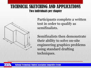 National Technology Student Association Competitive Events
TECHNICAL SKETCHING AND APPLICATIONS
Two individuals per chapter
Participants complete a written
test in order to qualify as
semifinalists.
Semifinalists then demonstrate
their ability to solve on-site
engineering graphics problems
using standard drafting
techniques.
 
