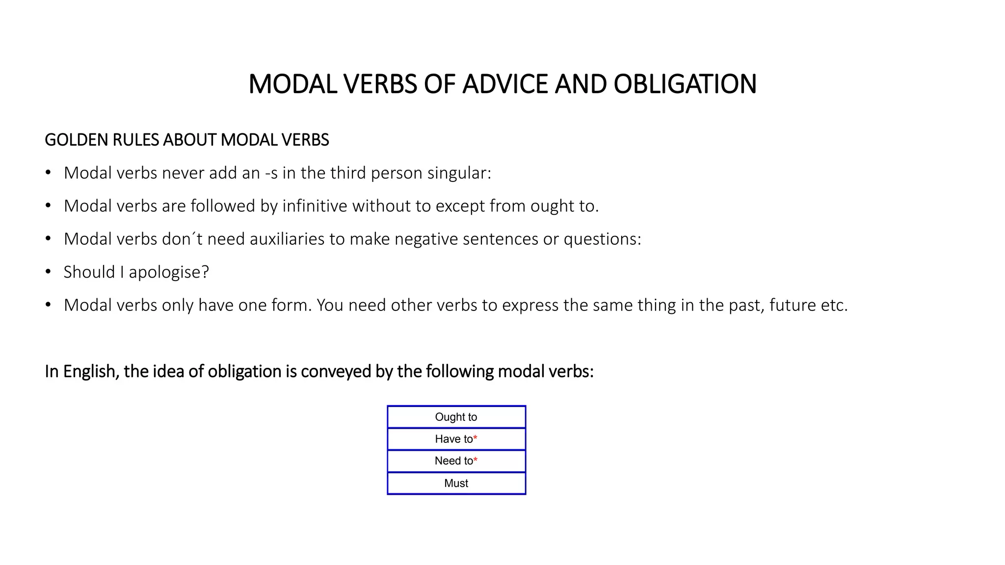 MODAL VERBS OF ADVICE AND OBLIGATION
GOLDEN RULES ABOUT MODAL VERBS
• Modal verbs never add an -s in the third person singular:
• Modal verbs are followed by infinitive without to except from ought to.
• Modal verbs don´t need auxiliaries to make negative sentences or questions:
• Should I apologise?
• Modal verbs only have one form. You need other verbs to express the same thing in the past, future etc.
In English, the idea of obligation is conveyed by the following modal verbs:
Ought to
Have to*
Need to*
Must
 