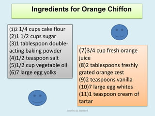 Ingredients for Orange Chiffon
(1)2 1/4 cups cake flour
(2)1 1/2 cups sugar
(3)1 tablespoon double-
acting baking powder
(4)1/2 teaspoon salt
(5)1/2 cup vegetable oil
(6)7 large egg yolks
(7)3/4 cup fresh orange
juice
(8)2 tablespoons freshly
grated orange zest
(9)2 teaspoons vanilla
(10)7 large egg whites
(11)1 teaspoon cream of
tartar
Josefina O. Stanford
 
