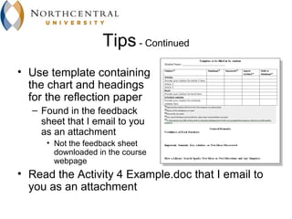 Tips - Continued
• Use template containing
  the chart and headings
  for the reflection paper
  – Found in the feedback
    sheet that I email to you
    as an attachment
     • Not the feedback sheet
       downloaded in the course
       webpage
• Read the Activity 4 Example.doc that I email to
  you as an attachment
 
