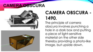 CAMERA OBSCURA
CAMERA OBSCURA -
1490.
The principle of camera
obscura involves punching a
hole in a dark box and putting
a piece of light-sensitive
material on the other side
thereby providing a photo-like
image, but upside down.
 