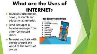 What are the Uses of
INTERNET?
 To Access information,
news , research and
educational material.
 Send Messages &
Receive Message from
other Connected
Users.
 To meet and talk with
people around the
world of the forms of
groups.
 