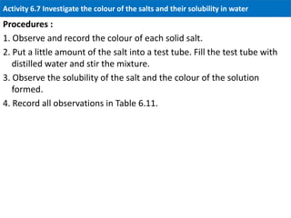 Colour Test Salt Activity 6.7 Investigate the colour of the salts and their solubility ...