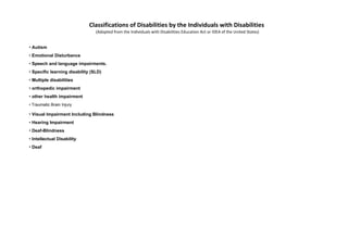 Classifications of Disabilities by the Individuals with Disabilities
(Adopted from the Individuals with Disabilities Education Act or IDEA of the United States)
• Autism
• Emotional Disturbance
• Speech and language impairments.
• Specific learning disability (SLD)
• Multiple disabilities
• orthopedic impairment
• other health impairment
• Traumatic Brain Injury
• Visual Impairment Including Blindness
• Hearing Impairment
• Deaf-Blindness
• Intellectual Disability
• Deaf
 