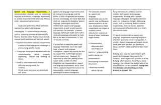 Speech and language impairments. A
communication disorder such as stuttering,
impaired articulation, a language impairment,
or a voice impairment that adversely affects a
child’s educational performance.
Each point within this official definition
represents a speech and language
subcategory. • A communication disorder
such as stuttering provides an example of a
fluency disorder; other fluency issues include
unusual word repetition and hesitant speech.
• Impaired articulation indicates impairments
in which a child experiences challenges in
pronouncing specific sounds.
• A language impairment can entail difficulty
comprehending words properly,
expressing oneself and listening to
others.
• Finally, a voice impairment involves
difficulty voicing words; for
instance,
throat issues may cause an abnormally
soft voice.
Speech and language impairments tend
to emerge at a young age, and the
earlier a child is diagnosed and receives
services accordingly, the more likely that
child can outgrow the disability. Speech-
language pathologists work with
children with speech and language
impairments, as well as with parents
and teachers. For example, a speech-
language pathologist might work with a
child with impaired articulation to help
him or her learn to pronounce “s” and
“z” sounds correctly.
If a child fails to meet the speech and
language milestones, he or she might
have a speech and language
impairment. Parents are usually the first
to suspect that a child might possess
such an impairment. However, it’s
important to note that hearing issues,
autism and a number of other
disabilities can masquerade as speech
and language impairments, and a child
with a suspected impairment should be
evaluated by a speech-language
pathologist to avoid misdiagnosis.
The obstacles created
by speech and
language
impairments vary by the
specific case, but because
communication is at the
core of education, these
impairments can impact a
student’s entire
educational experience.
Some of these challenges
might involve:
• Communicating
effectively with
classmates and
teachers • Understanding
and/or giving oral
presentations •
Participating in classroom
discussions
• Attaining normalcy
within a group
Early intervention is a helpful tool for
children with speech and language
impairments. Working with a speech-
language pathologist during the preschool
years can be a game changer. Addressing
issues, such as stuttering and articulation
impairments, early can lessen potential
communication difficulties later in a child’s
educational career.
It’s worth mentioning that speech and
language impairments requiring long-term
attention generally remain manageable. A
school’s speech-language pathologist should
work with both teachers and parents to
discuss a child’s needs and how to best meet
them.
Bullying is an issue for some children with
speech and language impairments; for
instance, peers might mock a stutter or a lisp.
Bullying often becomes more than a social
issue as it can distract the student who is the
target from his or her classwork. Taking class
time to teach about bullying can help
prevent to prevent this.
 