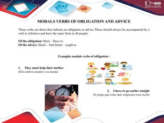 MODALS VERBS OF OBLIGATION AND ADVICE
These verbs are those that indicate an obligation or advice These should always be a...