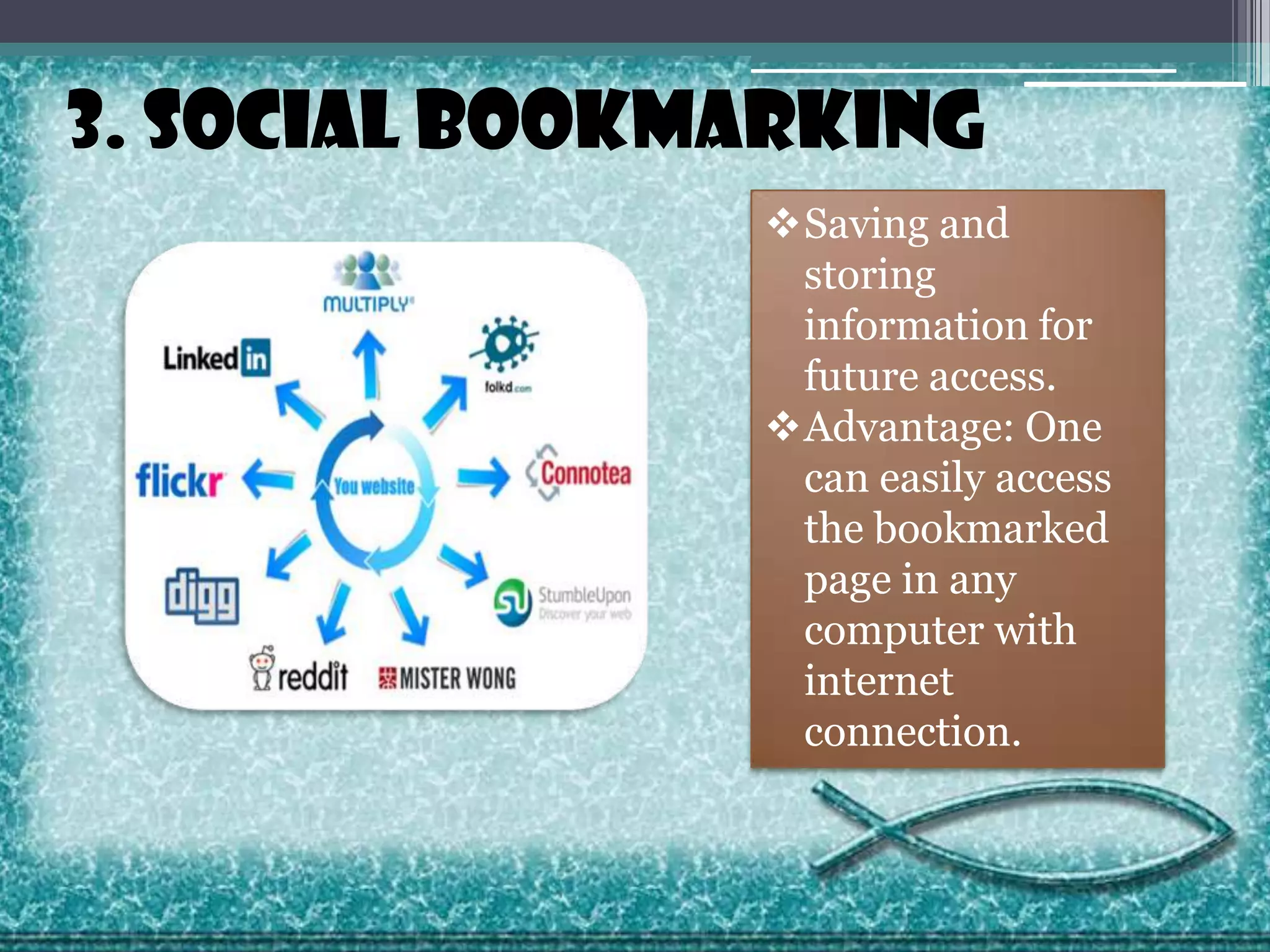 3. Social Bookmarking
Saving and
storing
information for
future access.
Advantage: One
can easily access
the bookmarked
page in any
computer with
internet
connection.

 