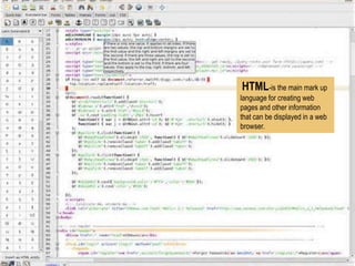 HTML-is the main mark up
language for creating web
pages and other information
that can be displayed in a web
browser.

 