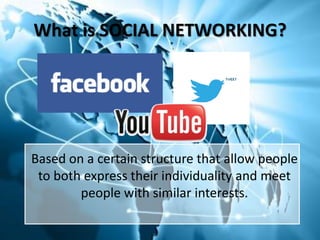 What is SOCIAL NETWORKING?

Based on a certain structure that allow people
to both express their individuality and meet
people with similar interests.

 