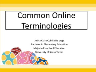 Common Online
Terminologies
Jelina Ciara Cubilla De Vega
Bachelor in Elementary Education
Major in Preschool Education
University of Santo Tomas

 