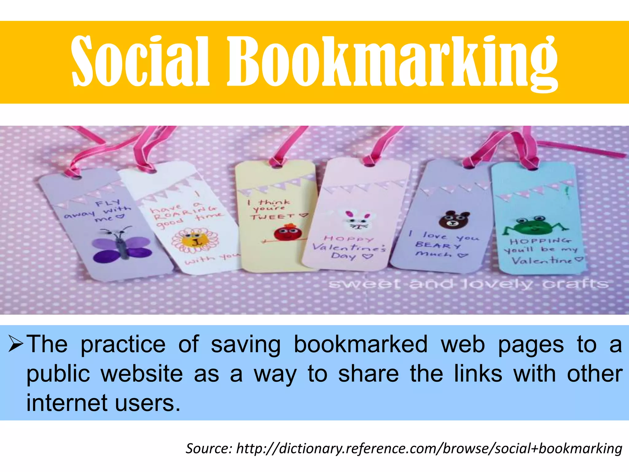 Social Bookmarking

The practice of saving bookmarked web pages to a
public website as a way to share the links with other
internet users.
Source: http://dictionary.reference.com/browse/social+bookmarking

 