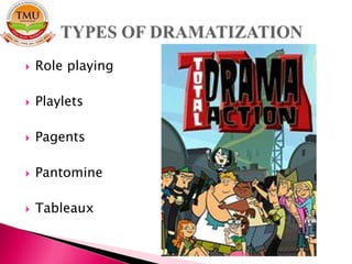  Role playing
 Playlets
 Pagents
 Pantomine
 Tableaux
 