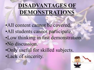 DISADVANTAGES OF
DEMONSTRATIONS
•All content cannot be covered.
•All students cannot participate.
•Low thinking in fast demonstration.
•No discussion.
•Only useful for skilled subjects.
•Lack of sincerity.
 