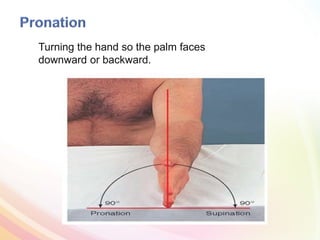 Turning the hand so the palm faces
downward or backward.
 