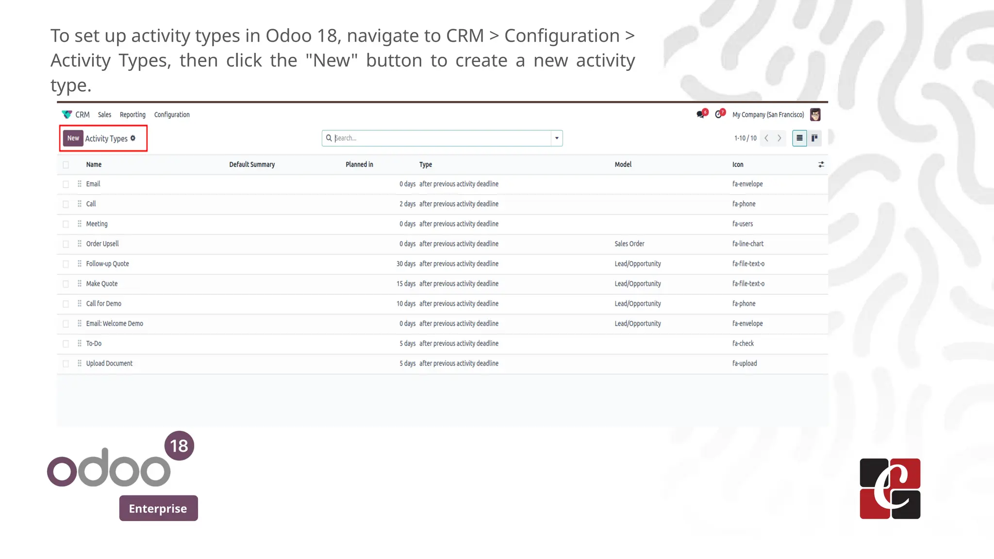 Enterprise
To set up activity types in Odoo 18, navigate to CRM > Configuration >
Activity Types, then click the "New" button to create a new activity
type.
 