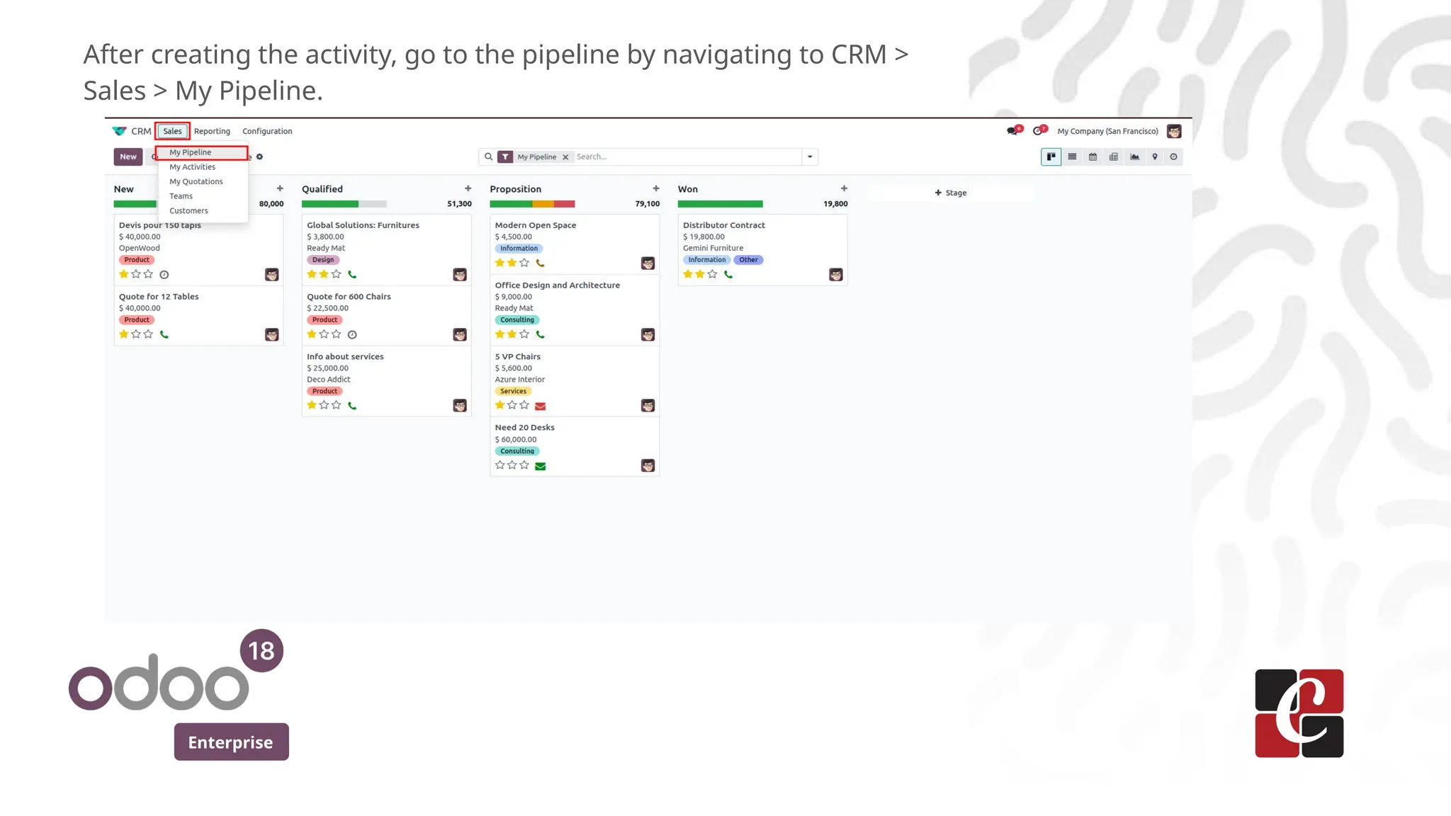 Enterprise
After creating the activity, go to the pipeline by navigating to CRM >
Sales > My Pipeline.
 