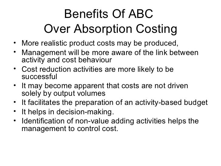 advantages of activity based costing Examine the absorption costing method for accounting purposes, and learn about the advantages and disadvantages associated with absorption costing. advantages of activity based costing Examine the absorption costing method for accounting purposes, and learn about the advantages and disadvantages associated with absorption costing.