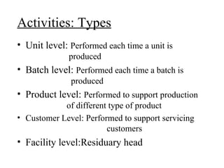 Activities: Types Unit level:  Performed each time a unit is    produced Batch level:  Performed each time a batch is    produced Product level:  Performed to support production    of different type of product Customer Level: Performed to support servicing  customers Facility level:Residuary head 