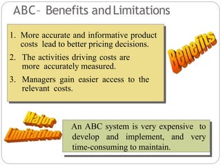 ABC– Benefits andLimitations
1. More accurate and informative product
costs lead to better pricing decisions.
2. The activities driving costs are
more accurately measured.
3. Managers gain easier access to the
relevant costs.
An ABC system is very expensive to
develop and implement, and very
time-consuming to maintain.
 