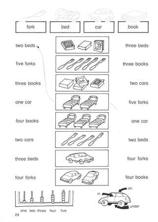 one two three four five
24
fork
two beds ~
five forks
three books
one car
four books
two cars
three beds
four forks
bed
-
...
