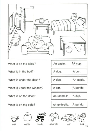 ~~F:~"O • •
• • • 0°.. •
· . ...• ••• ••••.. .. .,
• •• .......••• •
•• • •
'. ()
~.... .. °0
'0, _._
r- • ..... '0••--,._ J ••
-:;-::... l"'1'
J :
" . 
: ....'.
:oM: n.
'.. ... ,'.0 ':::::::("
°0 .:: ...........
. . "-• • "" I
.' ...-<
."....... O.
o . . '· .....• •• •
• •
• •
... • 0°
~"""""';...'- .......
!O}:j . ~ ..... ......... '......' ..'0 '0 • .. ..
:. '.-....,. .. .r. ""..... ..'" .. . ........... .. -0' • • • -0, __--4.. .. . .... ... . ,
:. . '• • • •1/':" .. 0° .... 00 • . :
...... ..... .. .. ..
• • " ° 0
"
.......
• •• ••. ... ."· ....·..... .. .· .."o 00 ...
: ....... ' :G=
• ••
• '0 ...
• •
1
/:0 0 '0'• • •·......, ..
j ..· ..
What is on the table? An apple. ~A cup.
What is in the bed? A dog. A car.
What is under the desk? A dog. An apple.
What is under the window? A car. A panda.
What is on the door? An umbrella. A cup.
What is on the sofa? An umbrella. A panda.
oo
•
/ -...--.....
cup apple panda umbrella car dog
15
 
