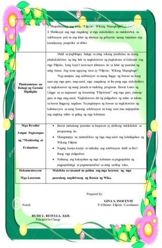 3. Maipaliwanag ang tema, “Filipino: Wikang Mapagbago”
4. Mahikayat ang mga magulang at mga stakeholders na makikilahok sa
selebrasyon pati na ang lahat ng ahensya ng gobyerno upang mapataas ang
kamalayang pangwika at sibiko.
Pinakamataas na
Bahagi ng Gawain/
Highlights
Dahil sa pagbibigay halaga sa ating wikang pambansa na siyang
pinakakaluluwa ng ting lahi ay nagkakaroon ng pagkakaisa at kalayaan ang
mga Pilipino, kung kaya’t taon-taon idinaraos ito sa lahat ng paaralan ng
ating bansa. Ang tema ngayong taon ay “Filipino: Wikang Mapagbago”
Nag-uumpisa ang selebrasyon sa unang linggo ng buwan na kung
saan ang mga guro, mag-aaral, mga ,magulang at iba pang mga stakeholders
ay nagkakaroon ng isang parada at maikling programa. Bawat Lunes ng
Linggo ay ay nagsusuot ng kasuotang “Filipiniana” ang mga guro, punong-
guro at mga mag-aaral. Nagkakaroon din ng paligsahan ng talino at talento
sa bawat linggong nagdaan. Sa pagtatapos ng buwan ay nagkakaroon ng
kulminasyon sa isang buwang selebrasyon na kung saan mas naipapakita
ang angking talino at galing ng mga kabataan.
Mga Resulta/
Awtput Pagkatapos
ng “Monitoring at
Evaluation:
 Bawat mababang paaralan sa Inopacan ay aktibong nakikilahok sa
programang ito.
 Matagumpay na naintindihan ng mga mag-aaral ang kahalagahan ng
Wikang Filipino
 Naging kasiya-kasiya at makulay ang selebrasyon dahil sa iba’t
ibang mga paligsahan.
 Nalinang ang kakayahan ng mga kabataan sa pagpapakita ng
pagpapahalaga at pagmamamahal sa ating sariling wika.
Dokumentasyon/
Mga Larawans
Makikita sa susunod na pahina ang mga larawan ng mga
paaralang nagdiriwang ng Buwan ng Wika.
Prepared by:
GINA S. INOCENTE
Noted: P-I/District Filipino Coordinator
RUTH U. RETULLA, Ed.D.
Principal-In-Charge
 