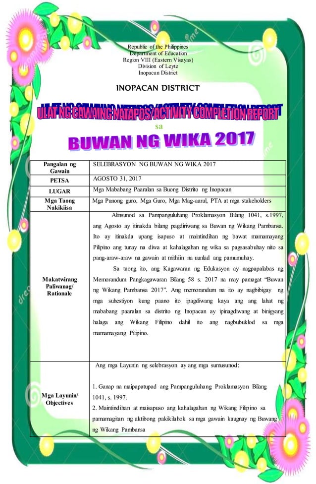 Activity Completion Report Acr Buwan Ng Wika 2017 Pdf
