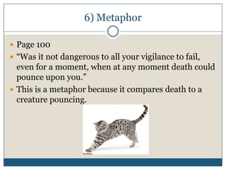 6) Metaphor

 Page 100
 “Was it not dangerous to all your vigilance to fail,
  even for a moment, when at any moment death could
  pounce upon you.”
 This is a metaphor because it compares death to a
  creature pouncing.
 