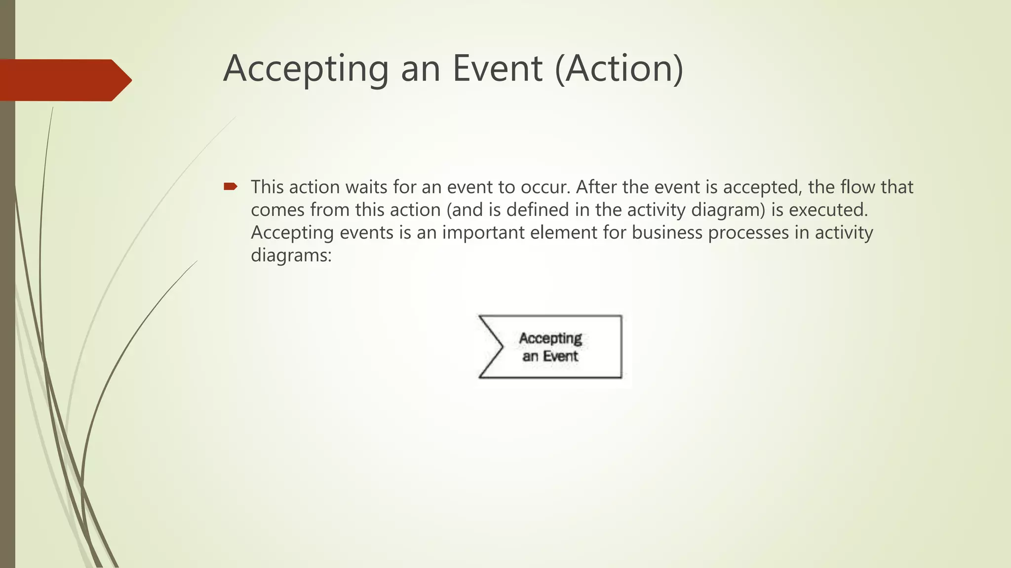 Accepting an Event (Action)
 This action waits for an event to occur. After the event is accepted, the flow that
comes from this action (and is defined in the activity diagram) is executed.
Accepting events is an important element for business processes in activity
diagrams:
 