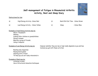 Self-management of Fatigue in Rheumatoid Arthritis
Activity, Rest and Sleep Diary
Instructions for Use:
 High Energy Activity- Colour Red
 Low Energy Activity - Colour Yellow
 Rest/Chill Out Time - Colour Green
 Sleep - Colour Blue
Examples of High Energy Activity may be:
Work / Housework
Walking
Looking after children or grandchildren
Having a shower
Meeting a group of friends
Using a computer
Examples of Low Energy Activity may be: However whether they are low or high really depends on you and how
involved you get with these activities
Reading easy magazines
Playing board games
Chatting with a friend
TV that you are not really interested in
Examples of Rest may be:
Listening to music
Use of structured relaxation techniques
 