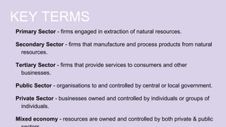 KEY TERMS
Primary Sector - firms engaged in extraction of natural resources.
Secondary Sector - firms that manufacture and process products from natural
resources.
Tertiary Sector - firms that provide services to consumers and other
businesses.
Public Sector - organisations to and controlled by central or local government.
Private Sector - businesses owned and controlled by individuals or groups of
individuals.
Mixed economy - resources are owned and controlled by both private & public
 