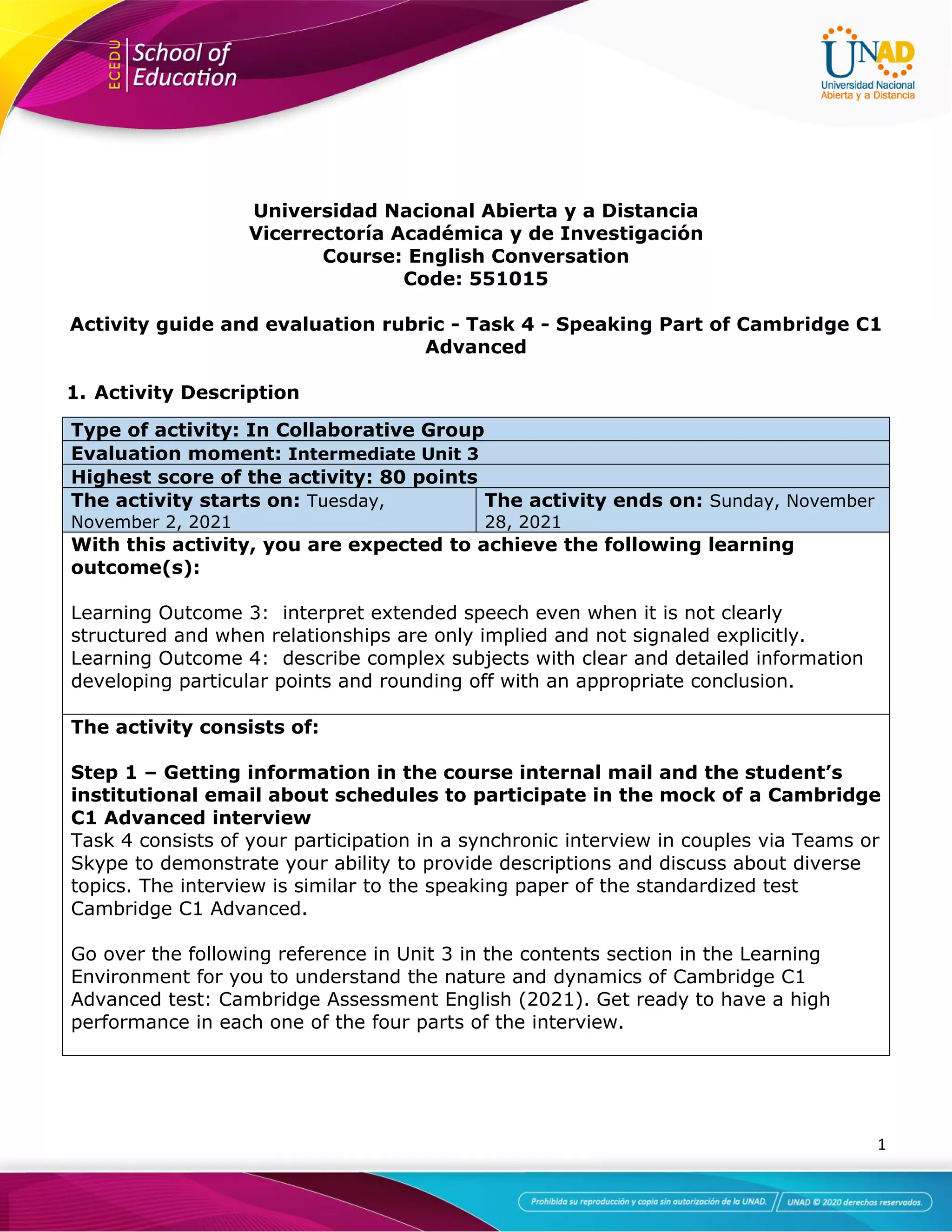 Activity guide and evaluation rubric unit 3 - task 4 - speaking part of ...