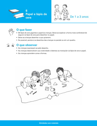 6
Papel e lápis de
cera

De 1 a 3 anos

O que fazer
• Dê lápis de cera gigantes e papel às crianças. Deixe-as explorar a forma mais confortável de
segurar os lápis de cera para desenhar no papel.
• Deixe as crianças desenhar o que quiserem.
• Se possível, pendure os desenhos das crianças na parede ou em um quadro.

O que observar
• As crianças expressam-se pelo desenho.
• As crianças desenvolvem sua criatividade e destreza ao manipular os lápis de cera e papel.
• As crianças aprendem cores e formas.

Atividades com materiais

 